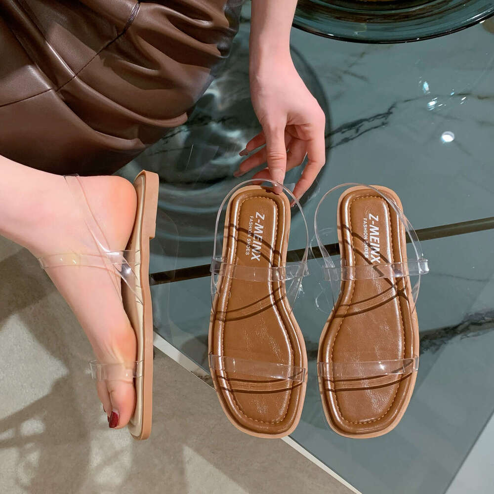Transparent Flat Sandals for Women, Summer 2023 New Fairy Style Internet Celebrity Soft Sole Slip-On Beach Shoes