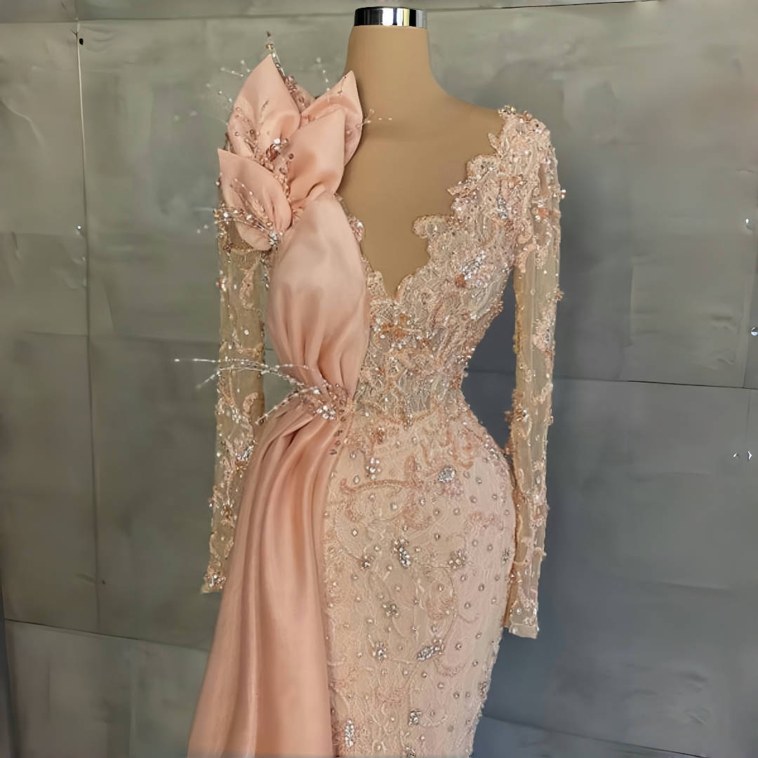 Elegant Long Sleeves Mermaid Evening Dresses Lace Appliques Tailing Party Dresses Crystal Beadeds Formal Occasion Gowns Custom Made