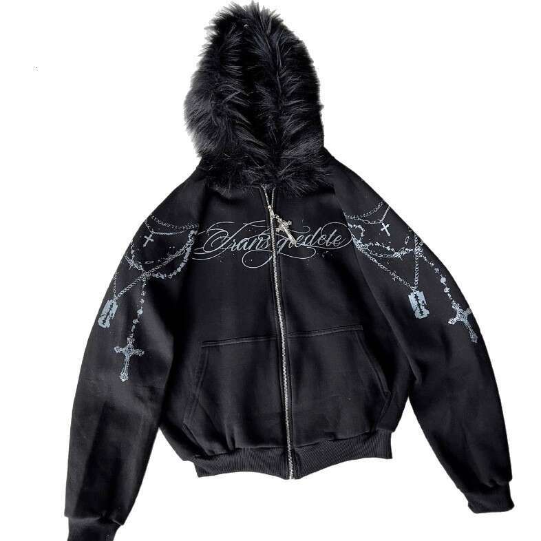 Autumn Winter Hoodie Loose Letter Print Zipper Sweatshirt Unisex Detachable Fur Collar High Street Dark Style B5