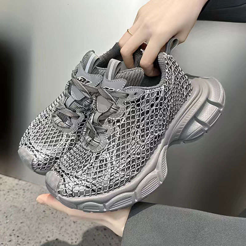 2025 Summer New Fashion Show Style Fishnet Rhinestone Couple Dad Shoes Genuine Leather Color Block Casual Sneakers for Women