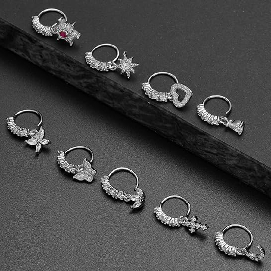 10Pcs Dangle Nose Rings Hoop Butterfly Heart Moon Flower Star CZ Cartilage Earring Dangling Nose Body Piercing Jewelry 20G Silver Tone