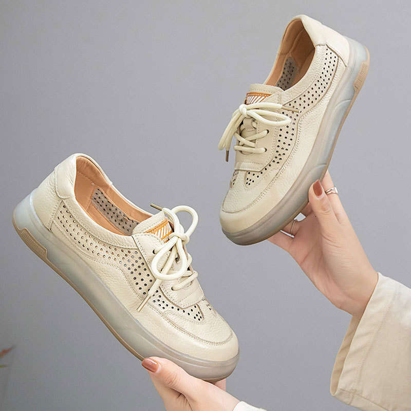 2025 New Summer Top Layer Cowhide Perforated Single for Women Casual Thick Lightweight Jelly Sole German Training Shoes