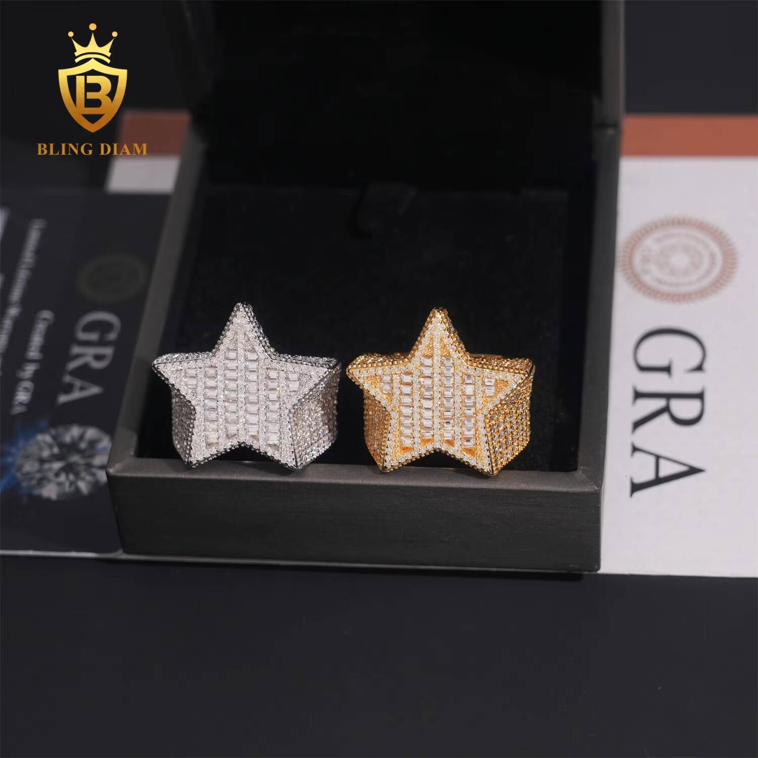 Hot Sale Hip Hop Jewelry 925 Silver Gold-Plated Vvs Moissanite Ice Out Fully Diamond Mens Star Rings With Box