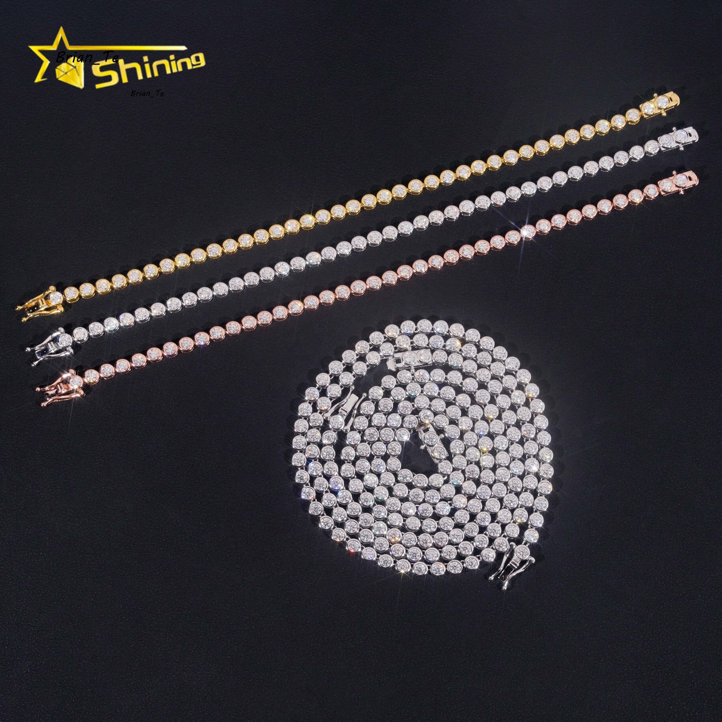 Classic Women Jewelry Bracelets Gold Plated 925 Silver Jewelry 3MM Moissanite Bezel Setting Tennis Chain