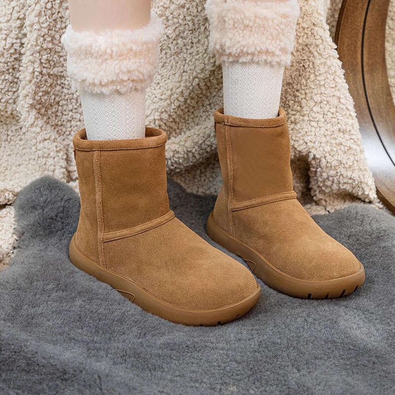 2024 Winter New Thick-Soled Snow for Women British Style Short Boots with Fleece Lining Thickened Warm Round-Toe Slip-On Cotton Shoes