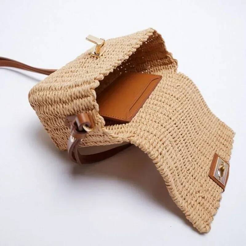 Handmade Women's Shoulder Summer Straw Beach Bag Bohemian Female Handbags Fashion Square Flap Lock Designer Shopper Purse high-quality
