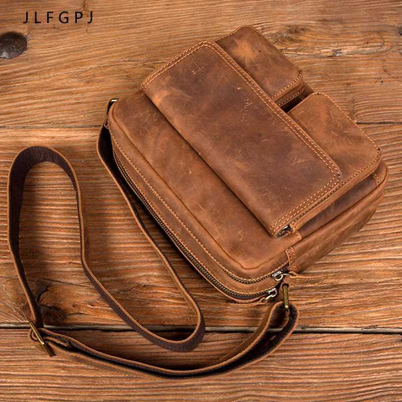 JLFGPJ Handmade Crazy Horse Leather Crossbody Small Backpack Mens Head Layer Cowhide Vintage Leisure Shoulder Messenger Bag Y250819