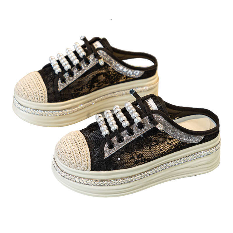 2025 Summer New Rhinestone Thick-Soled Lace Mesh Closed-Toe Half Slippers for Women Slip-On Breathable Fisherman Shoes