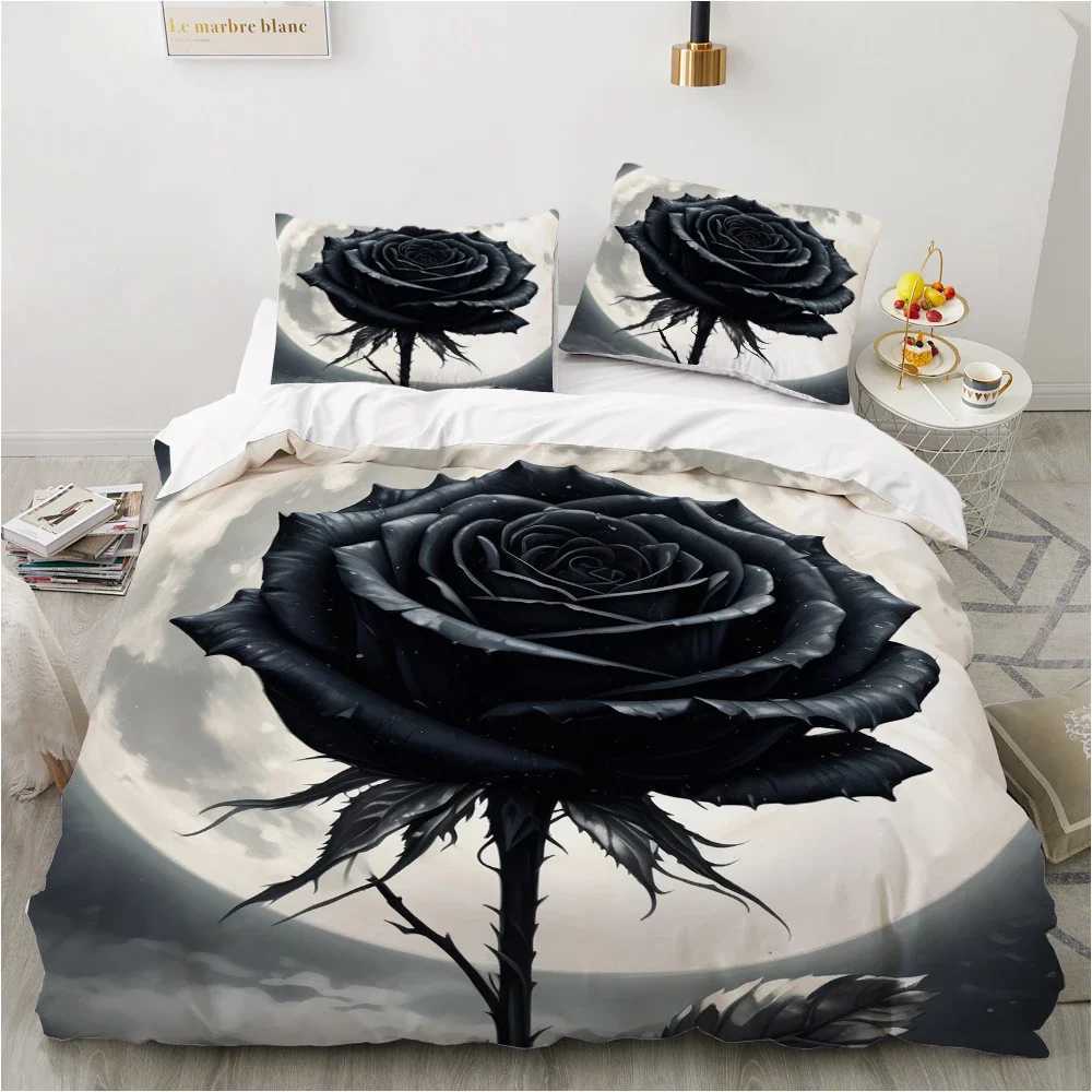 3pcs Black Grey Rose 3D Printed Bedding Set Soft Washable Duvet Cover Set King Queen Twin Size Birthday Gift Bedroom Decoration Y250819