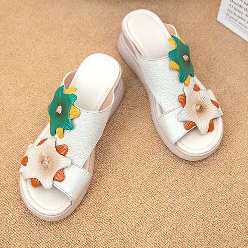2025 Summer Bowknot One-Strap Slippers for Women New Versatile Casual Thick-Soled Comfortable Genuine Leather Outdoor Sandals