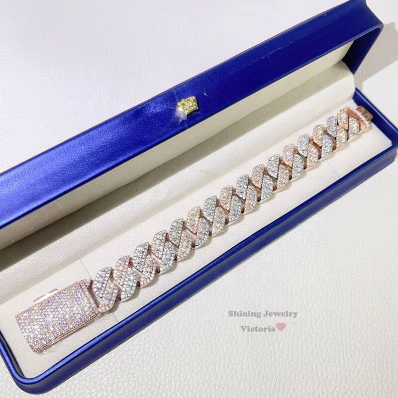 Guangzhou Shining Jewelry 18MM Iced Out Rose Gold Mix White Gold Color Sterling Silver 925 Men VVS Moissanite Cuban Bracelet