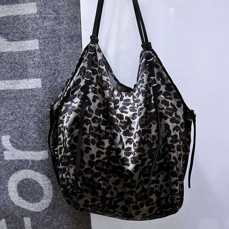 Leopard Print Cow Pattern Silk Satin Shoulder Bag,Versatile Stylish Lazy Tote Bag,Niche Designer Large Capacity Shopping Bag