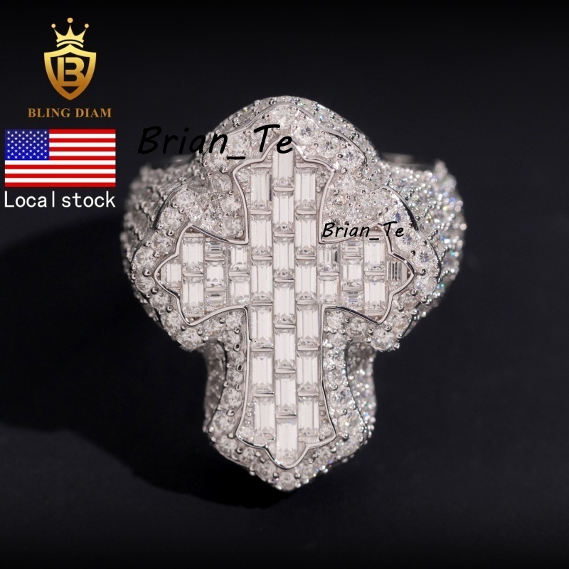 UAS Local Stock Hip-Hop Jewelry 925 Sterling Silver Vvs Moissanite Gra Certifficate Iced Out Jesus Cross Rings for Mens