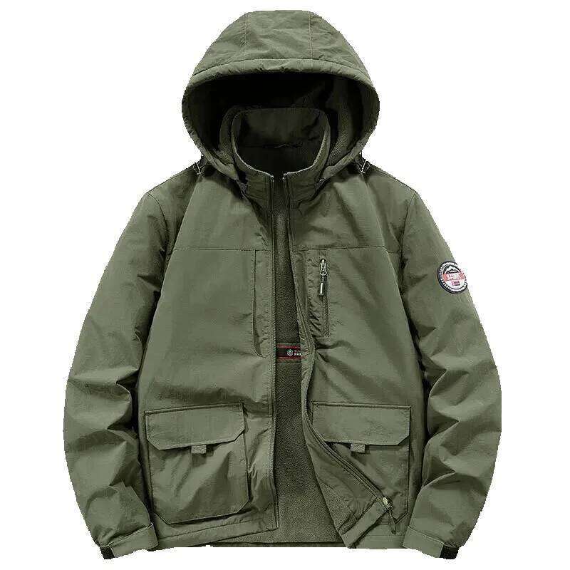Men's Fleece-Lined Work Jacket Autumn Winter Windproof Thickened Casual Outwear Coat with Hood Outdoor Sport Cotton Parka Coats