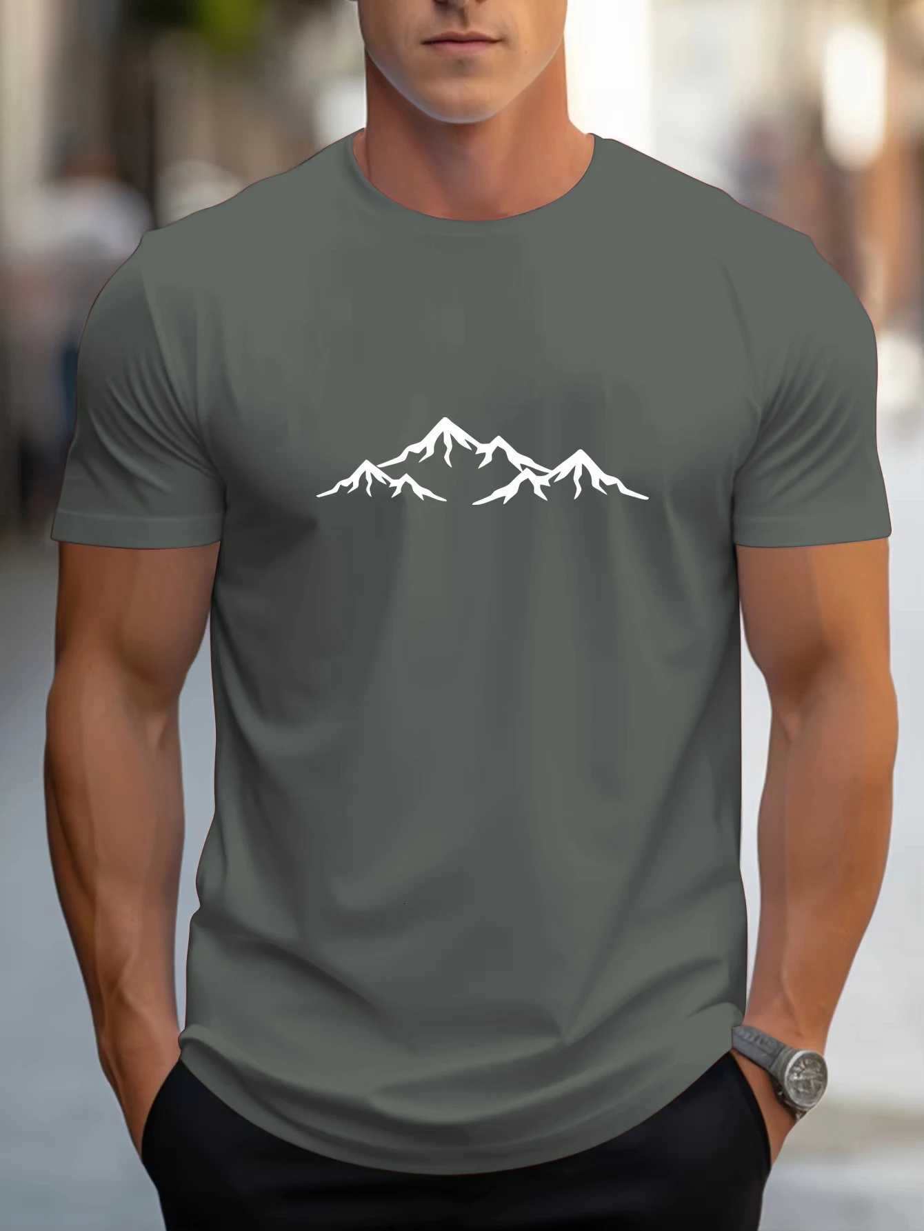 Mountain Range Outline Print T Shirts Mens Summer Cotton T-Shirt All-Match Casual Fashion Streetwear Soft Oversize Clothes Y250819