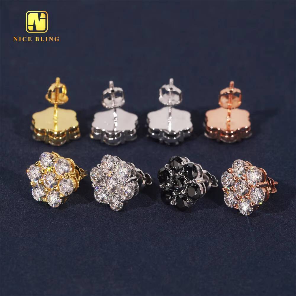 Pass Diamond Tester Cluster Screw Back Ear Studs 12mm Iced Out Hip Hop Jewelry 925 Silver VVS Moissanite Stud Earring for Women