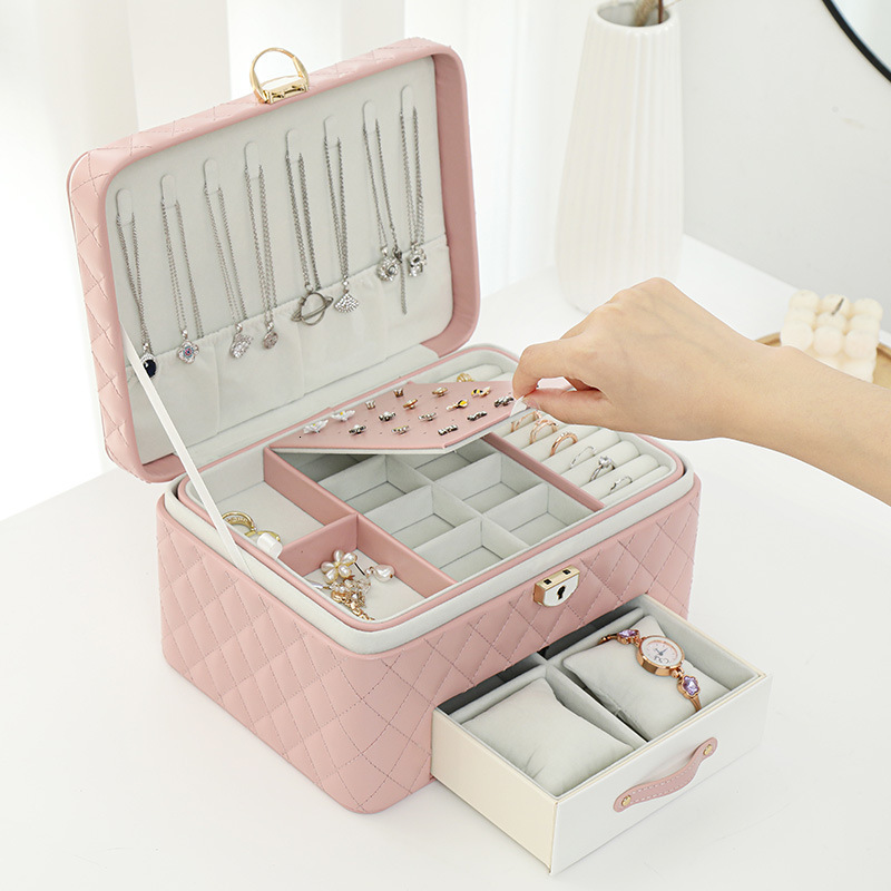 Cross-Mirror Korean Style Three-Layer Lockable Storage Multi-Functional Necklace Earring Ring Jewelry Box ddmythur ddmythur
