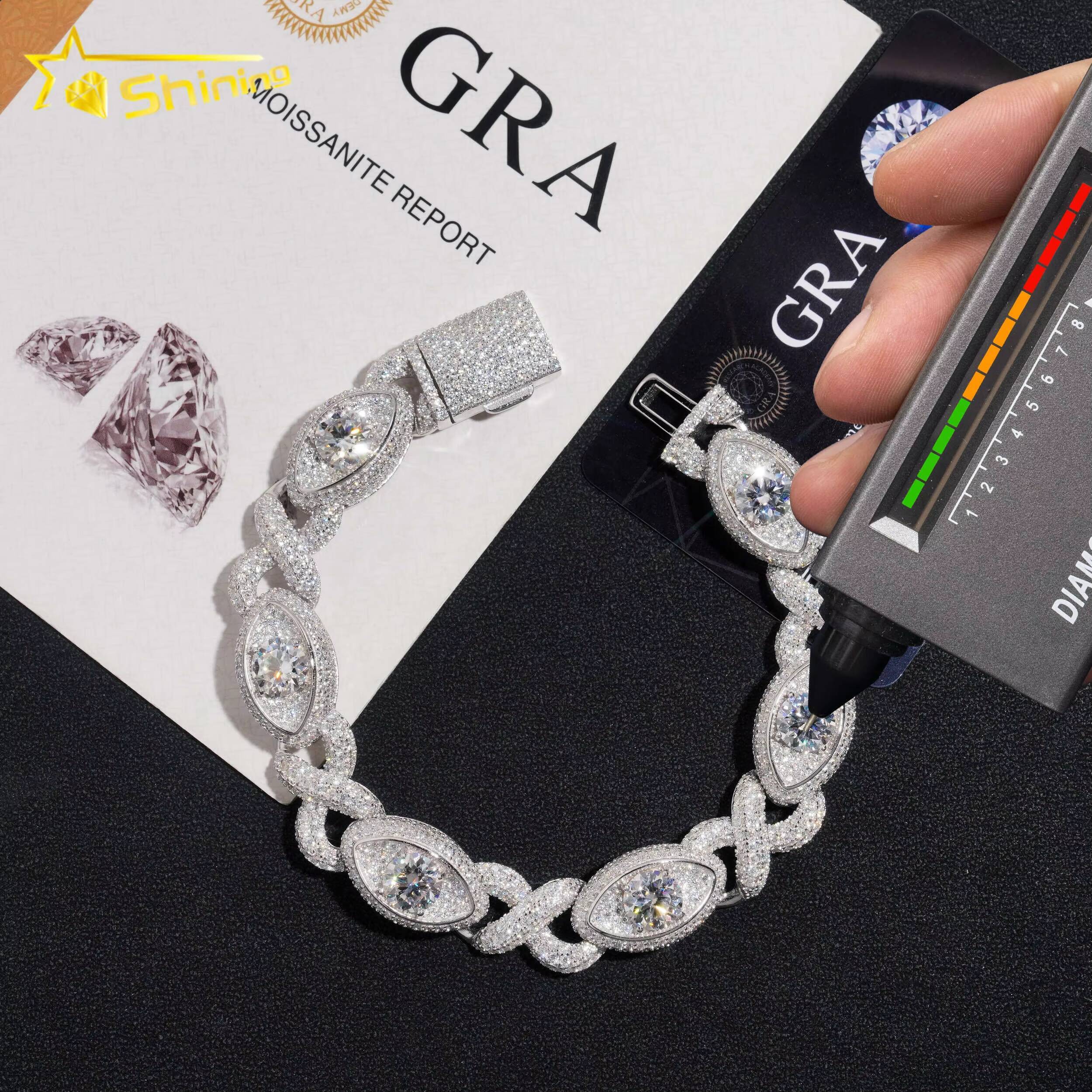 Special Iced Out Moissanite Diamond 925 Sterling Silver 13MM Big Eye Hip Hop Jewelry Chain Cuban Link Bracelet