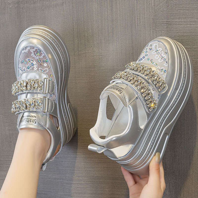 2025 New Summer Full Diamond Dad Shoes for Women, Platform Shoes, Thick Sole, Small Size, Invisible Height Increase of 8.5cm, Trendy