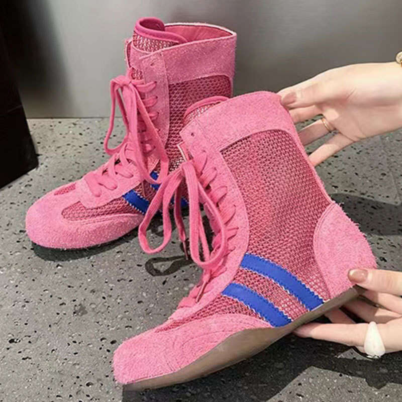2025 New Breathable Boxing for Women Fishnet Martin Mid-Calf Hollow Mesh Boots Casual Sports High-Top Training Shoes