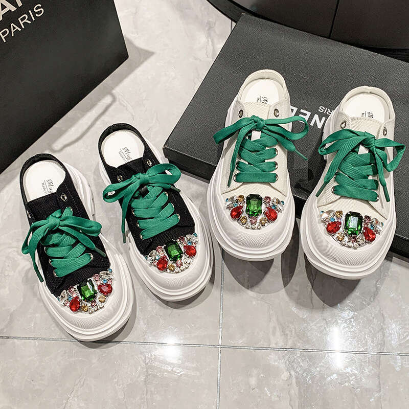 2023 New Women's Closed-Toe Half Slippers Versatile Fashion Thick-Soled White Korean Style Breathable Casual Canvas Shoes