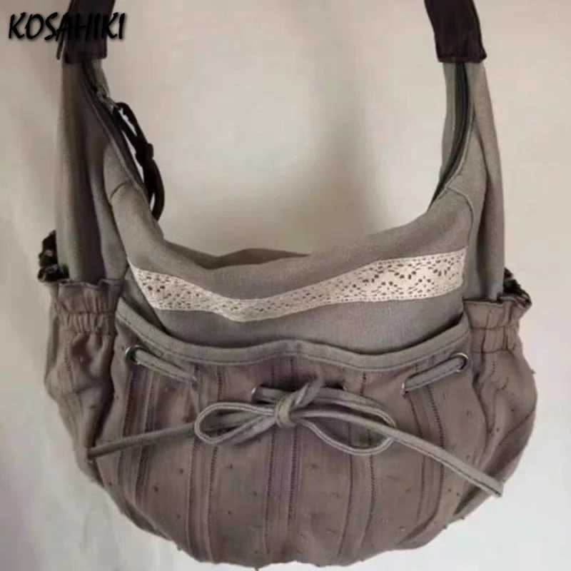 2025 new women Vintage casual Shoulder Bag Y2k Aesthetic Streetwear drawstring Handbags All Match ins Patchwork Crossbody Bags Y250819