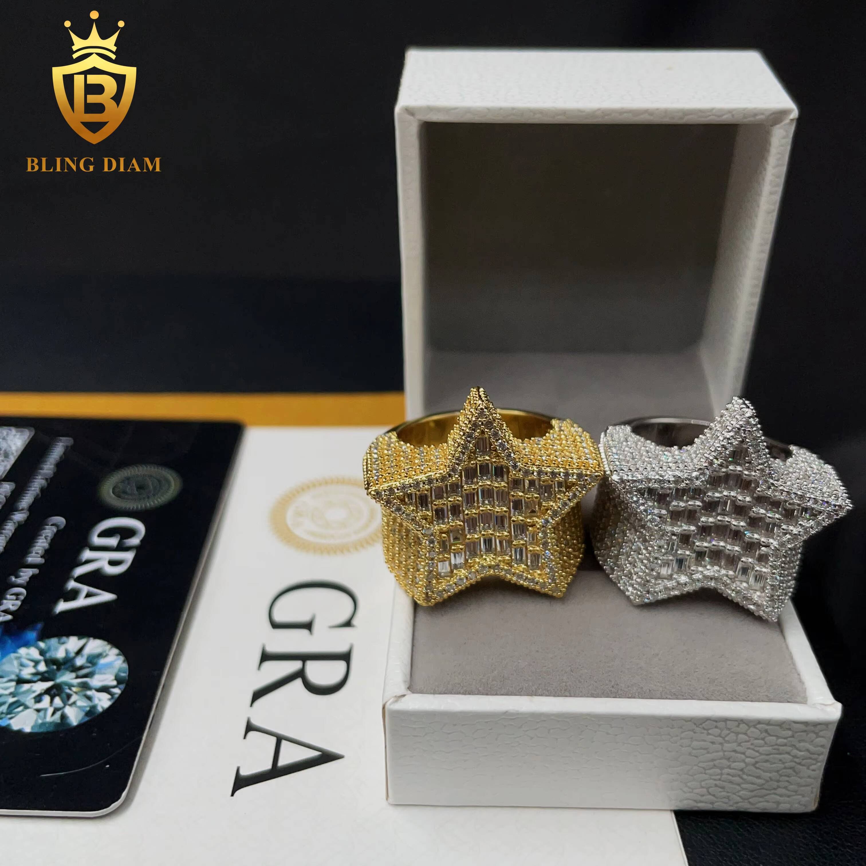 New Fashion Luxury Design 925 Silver Iced Out Baguette Diamond Hip Hop Star Mens Moissanite Ring