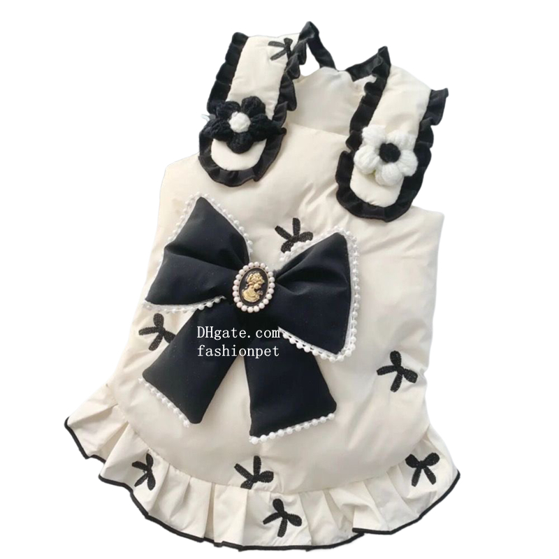 Luxury Dog Dresses with Pearl Bow, Designer Original, Thick Warm Cotton Lined Dog T-shirt, Exquisite Autumn Winter Dog Clothes for Teacup, Pomeranian 
