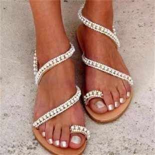 2025 Summer New Women's with Rhinestones and Beads, Open Toe Flat Sandals for Women, Plus Size Shoes ddmymoon