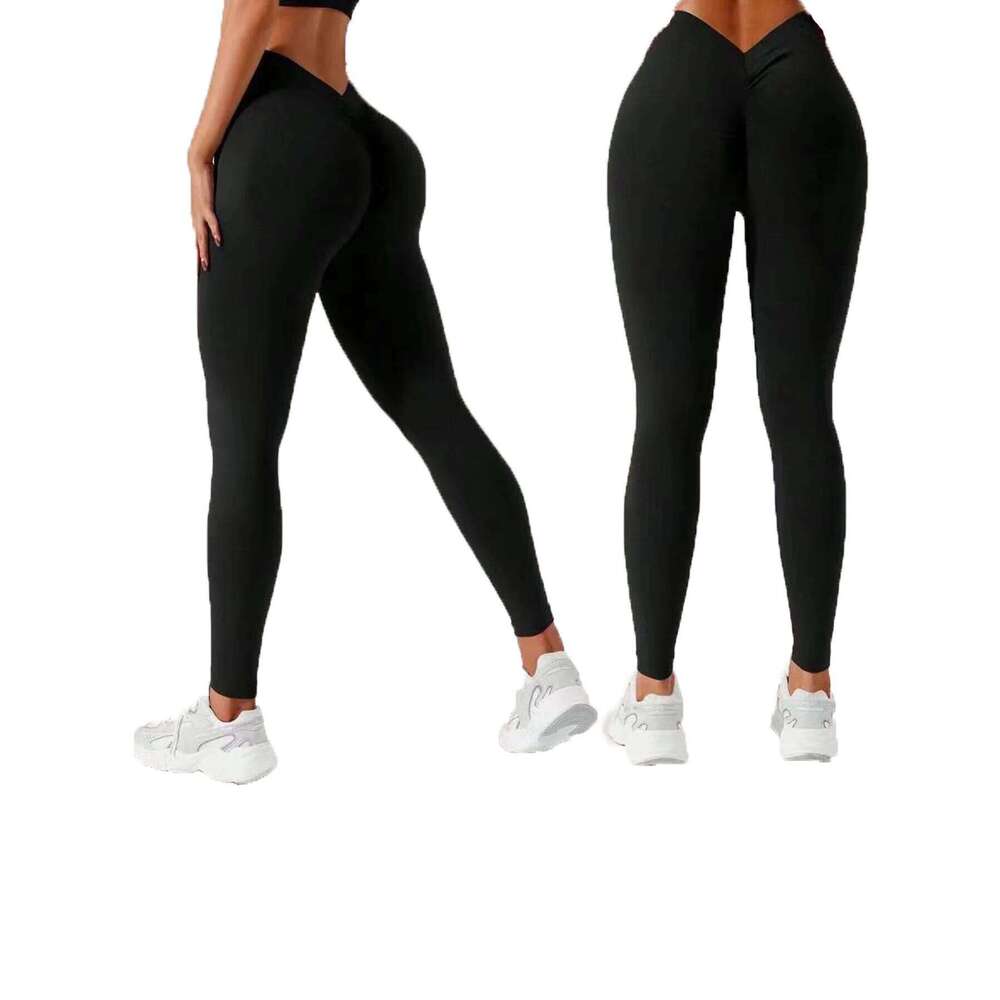 2-piece set of V-shaped butt lifting solid color trousers, yoga fiess and daily wear
