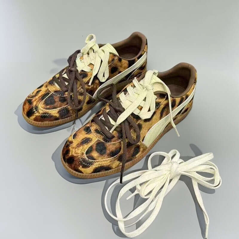 2024 Autumn New Leopard Print Horsehair Double Lace Niche German Training Women Fashion Versatile Casual Shoes Sneakers Trend