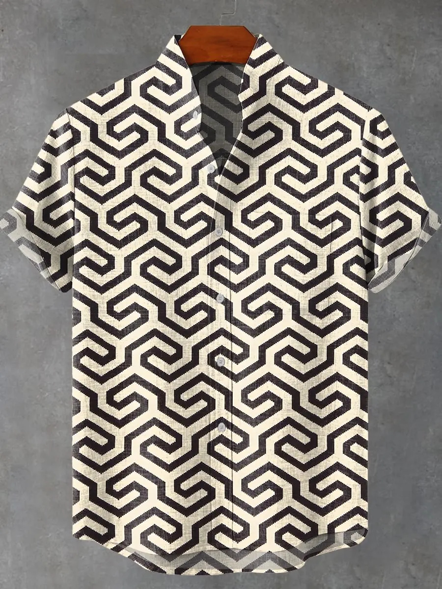 Mens Summer 2025 Comfortable Linen Short Sleeve Shirt Elegant Symmetrical Graphic Pattern Printed Casual Top 250808