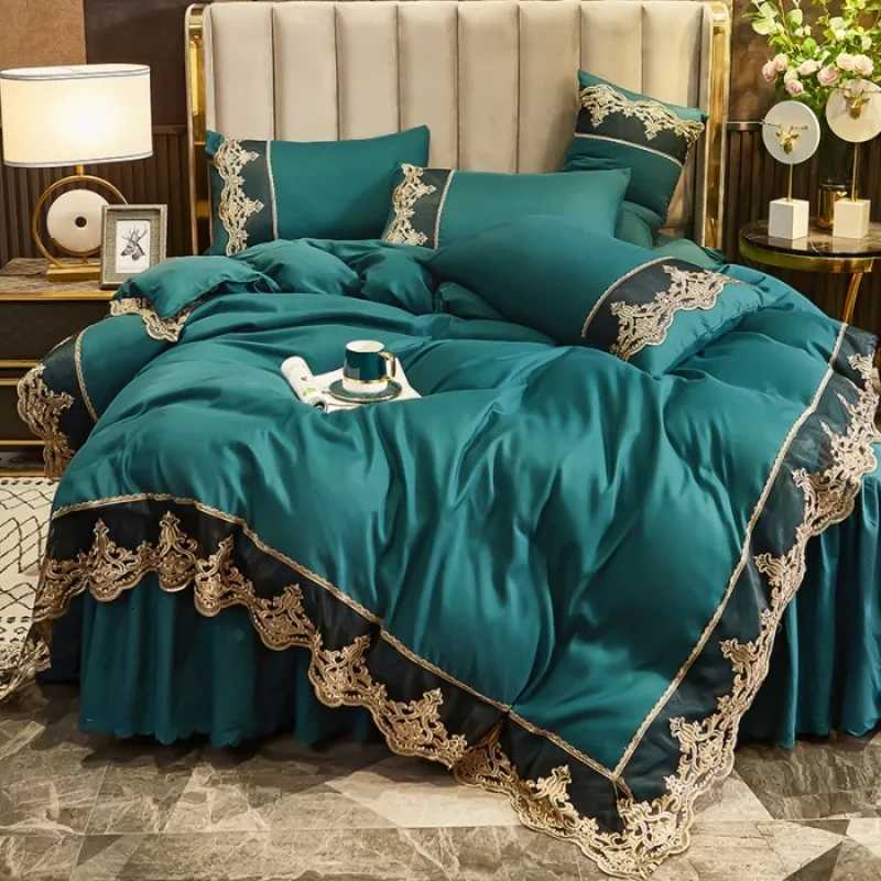 Nordic style bed skirt four piece set Korean version brushed girls heart duvet set bed skirt double home bedding four piece set Y250819