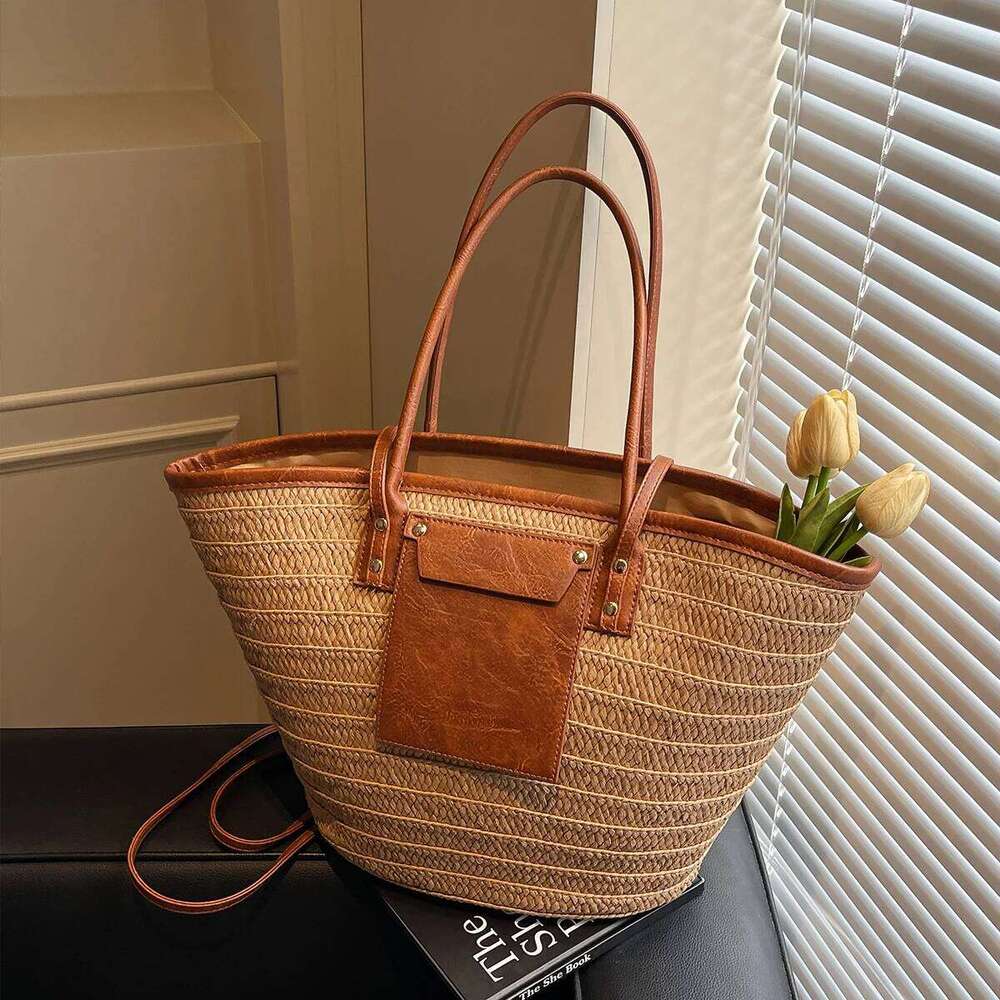 Shoulder Forest Straw Women's Seaside Vacation Woven Beach Summer Handmade New Style with Skirt, Tote Clothing to Work Bag, Travel