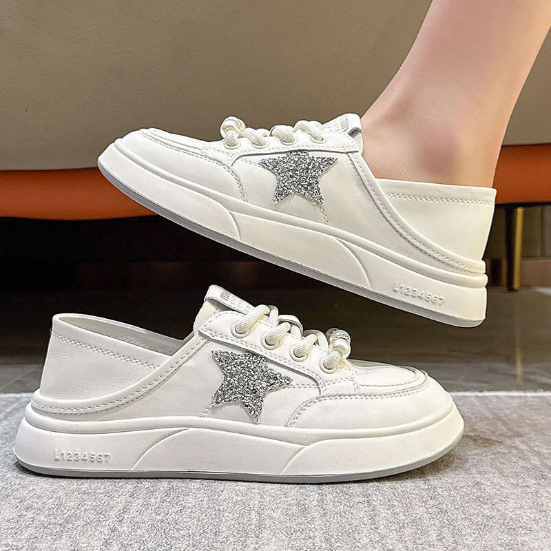 2025 New Genuine Leather White Shoes, Niche Women's Pearls and Pentagram, Flat Sneakers with a High-End Feel, Two-Way Wear Shoes
