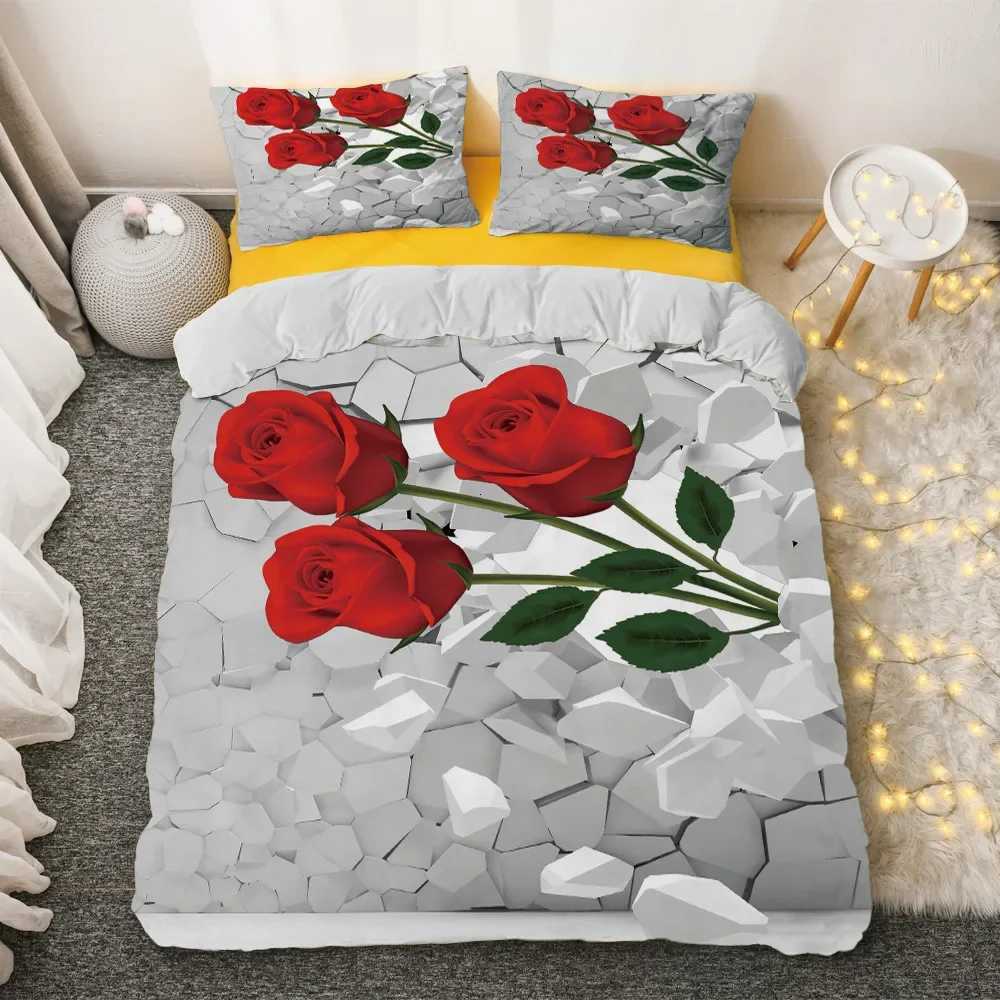 Red Rose King Queen Duvet Cover Romantic Flowers Bedding Set For Kids Teens Adults Girly 3D Floral Black Soft 2/3pcs Quilt Cover Y250819