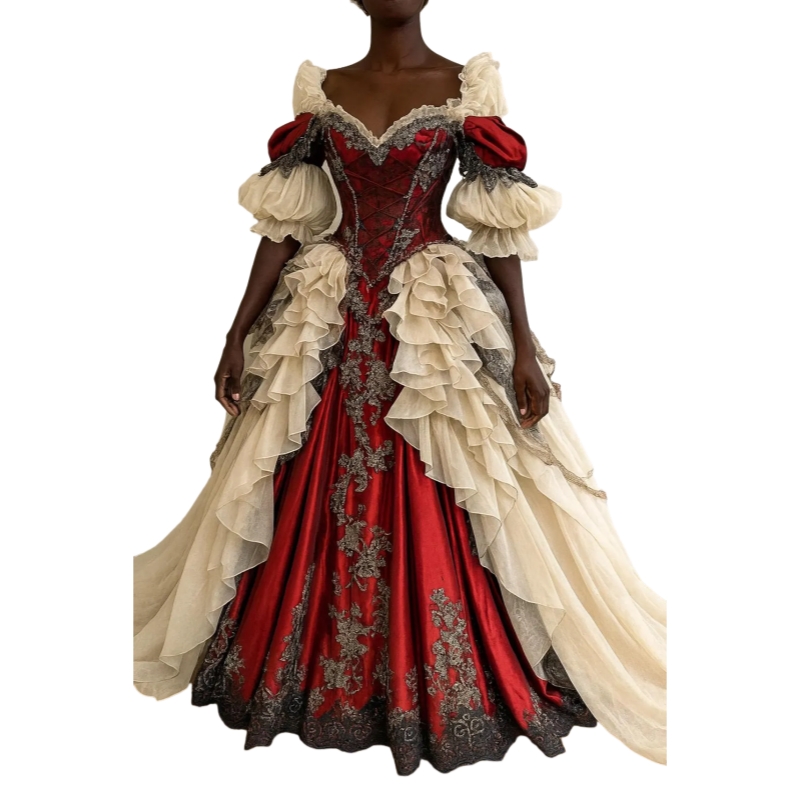 Victorian Baroque Prom Dresses Champagne With Red Ruffles Corset Renaissance Masquerade Dress Off The Shoulder Vintage Special Occasion Ball Gown
