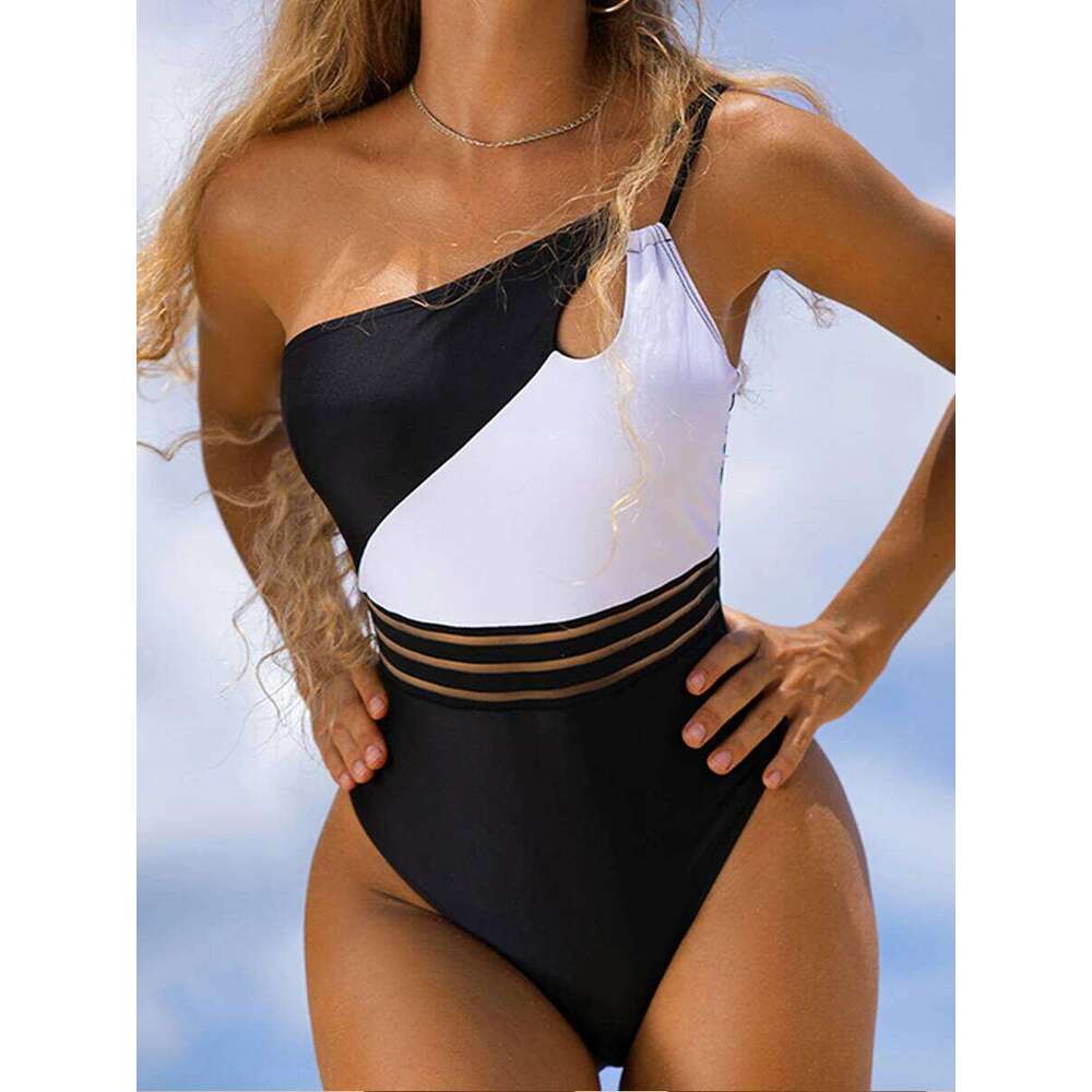 One Shoulder Cut Out Bikini Swimsuit Women Cloth Panel Patchwork Bodysuit Swimwear Female Surfing Sports Bathing Suit Beachwear