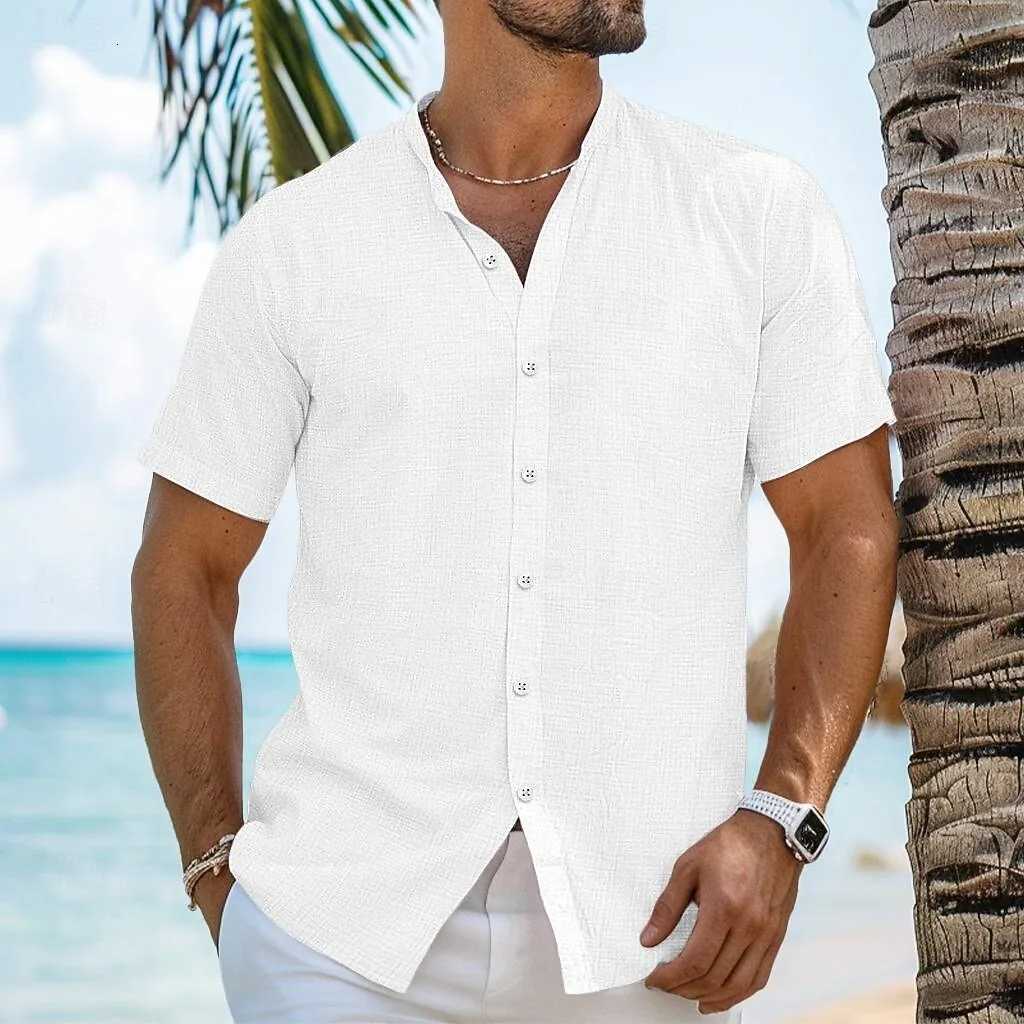 Mens shirt linen stand collar shirt beachwear solid color vacation short sleeve shirt summer clothing fast delivery Y250819