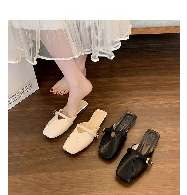 2025 Spring Summer New Versatile Soft Leather Mules Mary Jane Shoes French Style Closed Toe Half Slippers for Women Outdoor Wear