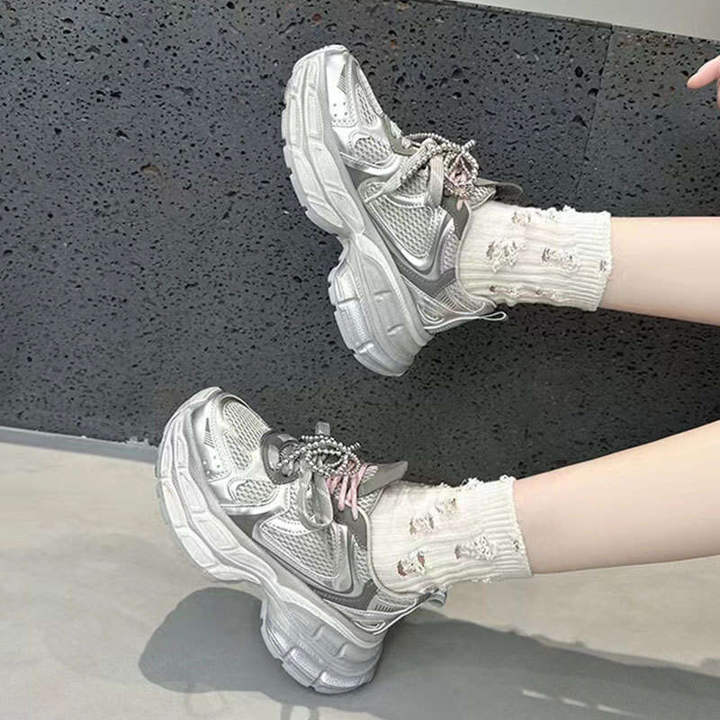 2025 Summer Autumn New Pearl Double Lace Genuine Leather 6CM Dad Shoes for Women Breathable Thick Sole Casual Sneakers