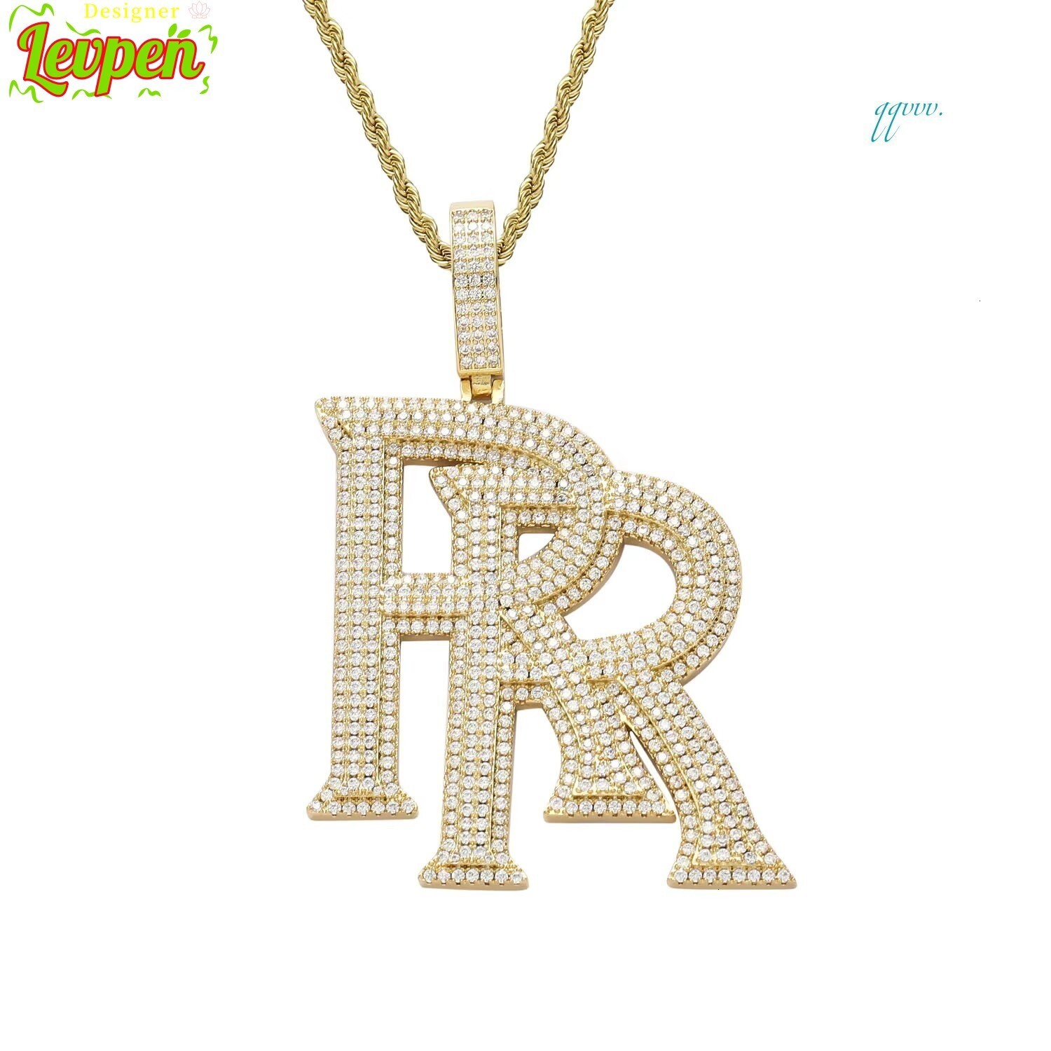 Plated Fashion Gold Pendant Necklace Hip Hop Style RR Shape Brass with Iced Out Moissanite on Rope Chain for Anniversary Designer Levpen