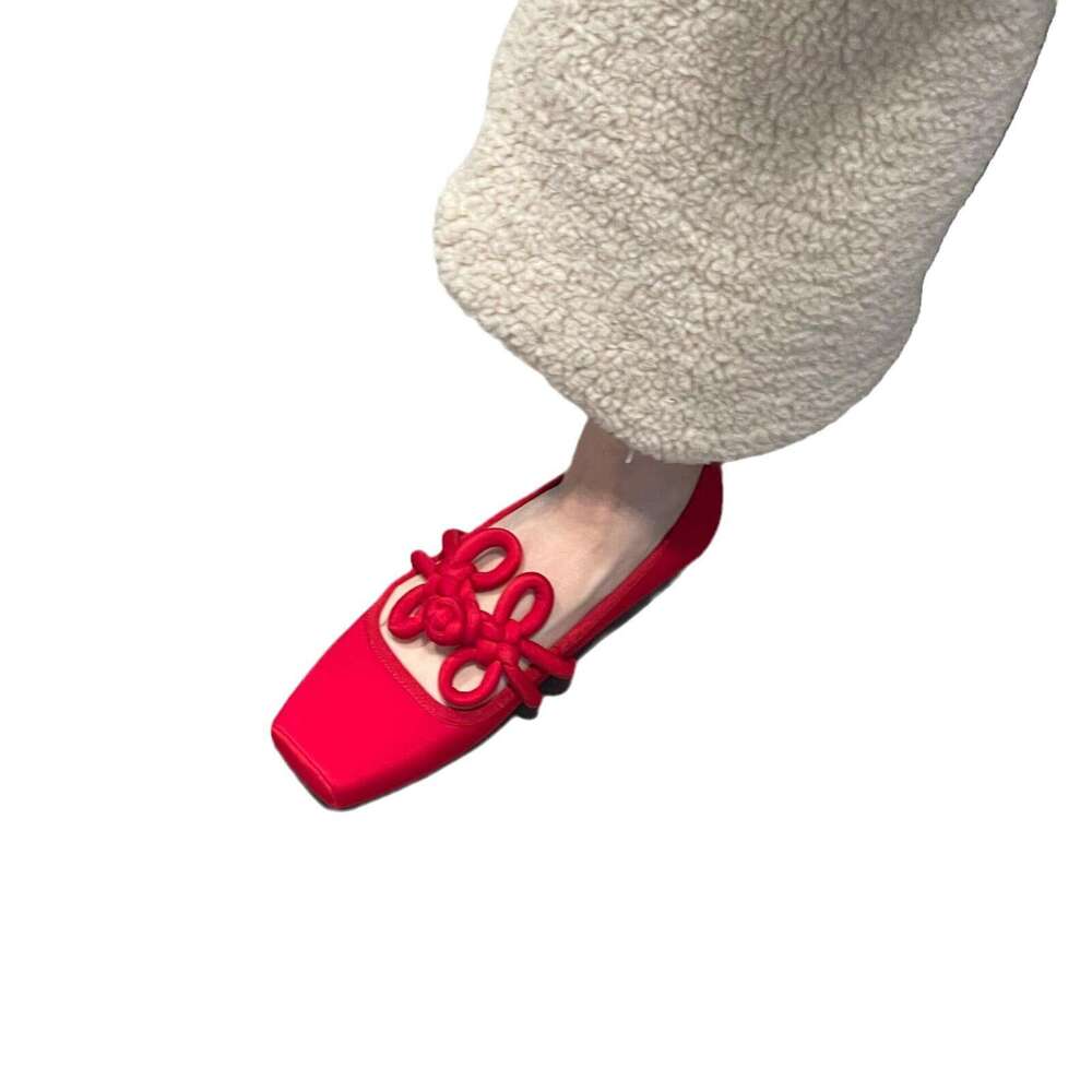 Sheepskin Version ~ Square Toe Little Red New Style Chinese Knot Flat Single Women Shallow Mouth Ballet Mary Jane Shoes