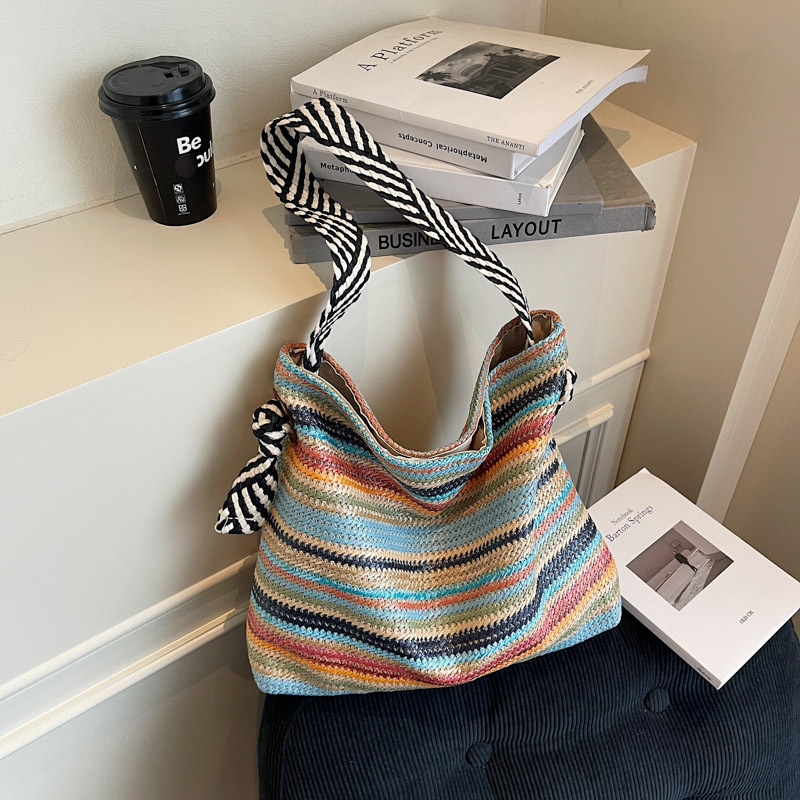 Beach Vacation Women's Colorful Woven Bag Free Shipping Designer Luxury New Large Capacity Casual Commuter Shoulder Tote Bag Leisure Shopping Han