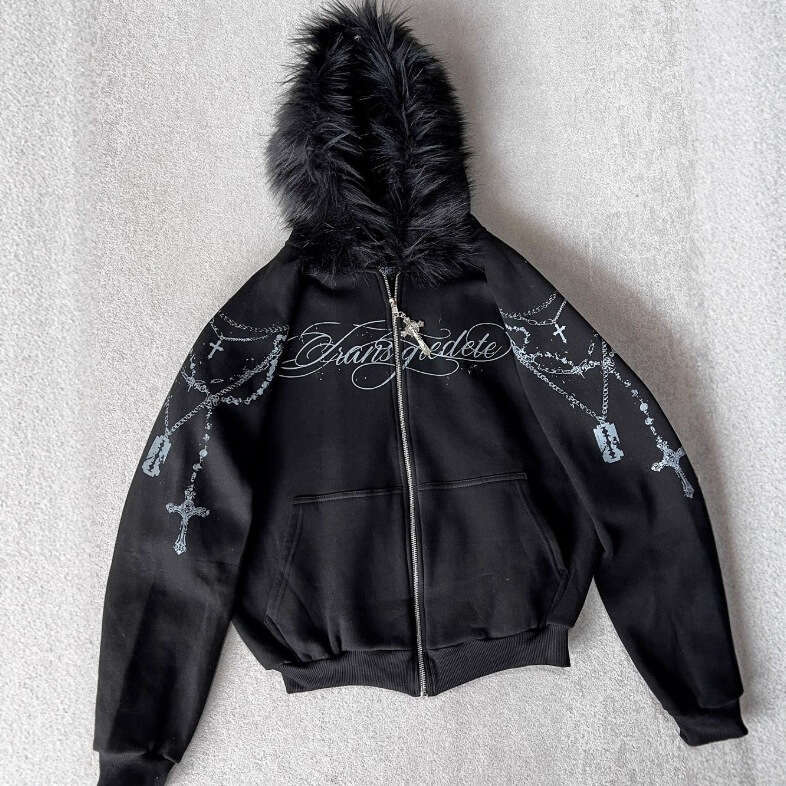 Autumn Winter Hoodie Loose Letter Print Zipper Sweatshirt Unisex Detachable Fur Collar High Street Dark Style B5