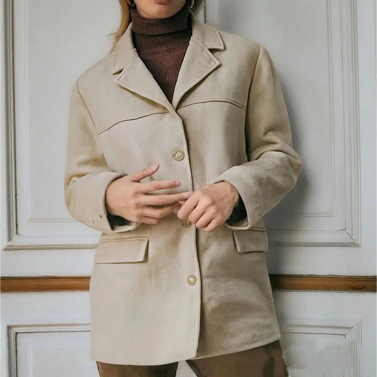 Retro Autumn Winter Loose Jacket Womens Long Sleeve Turndown Collar Solid Coats Female Street Chic Outwear Casual In Coat 250815