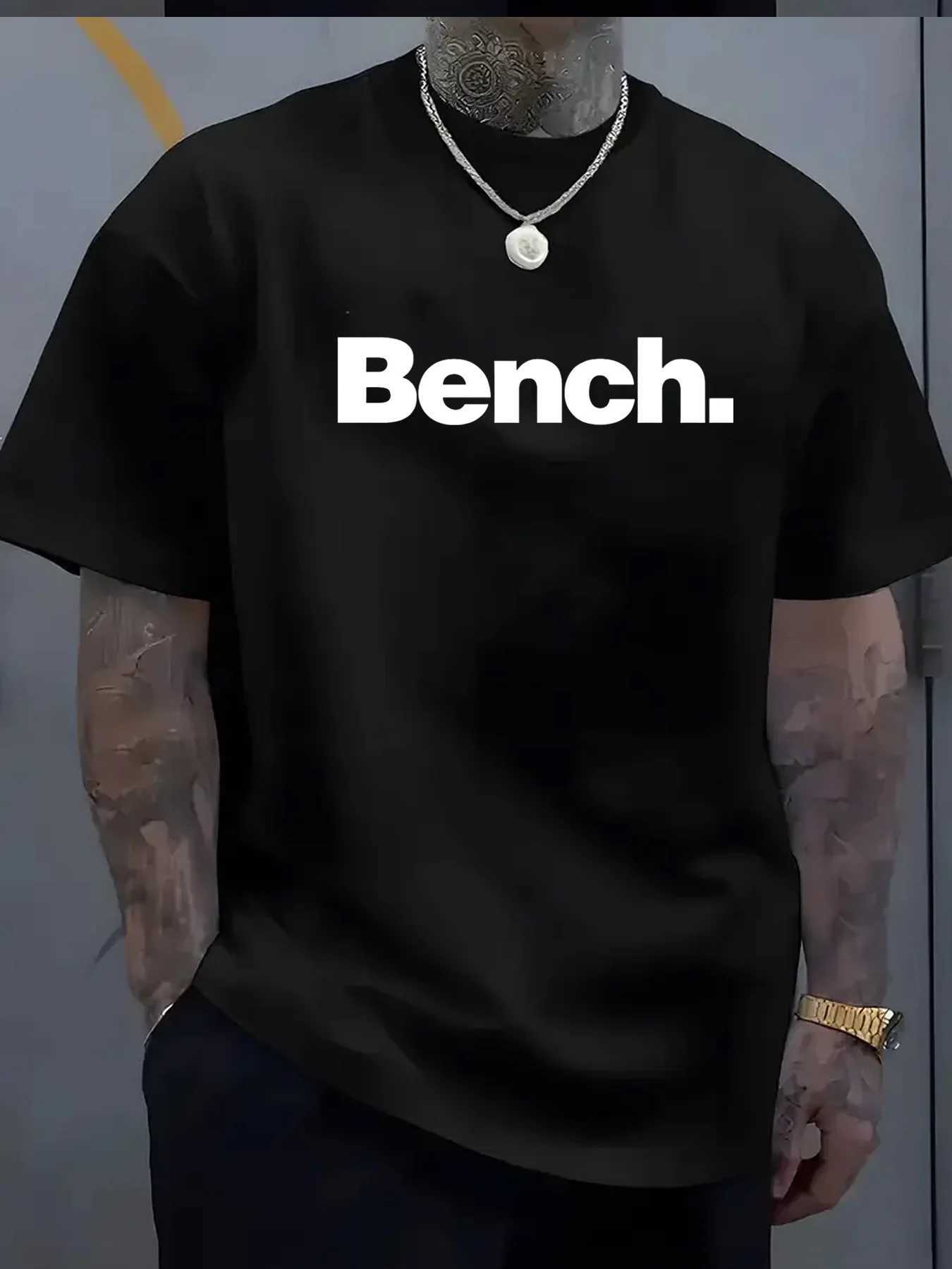 Mens Summer 100% Cotton Fashionable Casual Sports Loose Bench Printed Round Neck Short Sleeve T-shirt Top Y250819