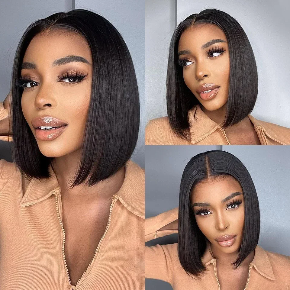 16 Inch Short Straight Bob Wig Human 13x4 Lace Transparent 200% Frontal Hair Bob Wig PrePlucked Lace Front Human Hair Wigs