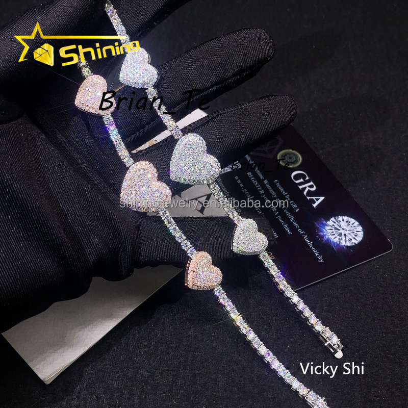 New Design Fine Jewelry Pass Diamond Tester 925 Sterling Silver Two Tones Heart Shape Moissanite Tennis Bracelet