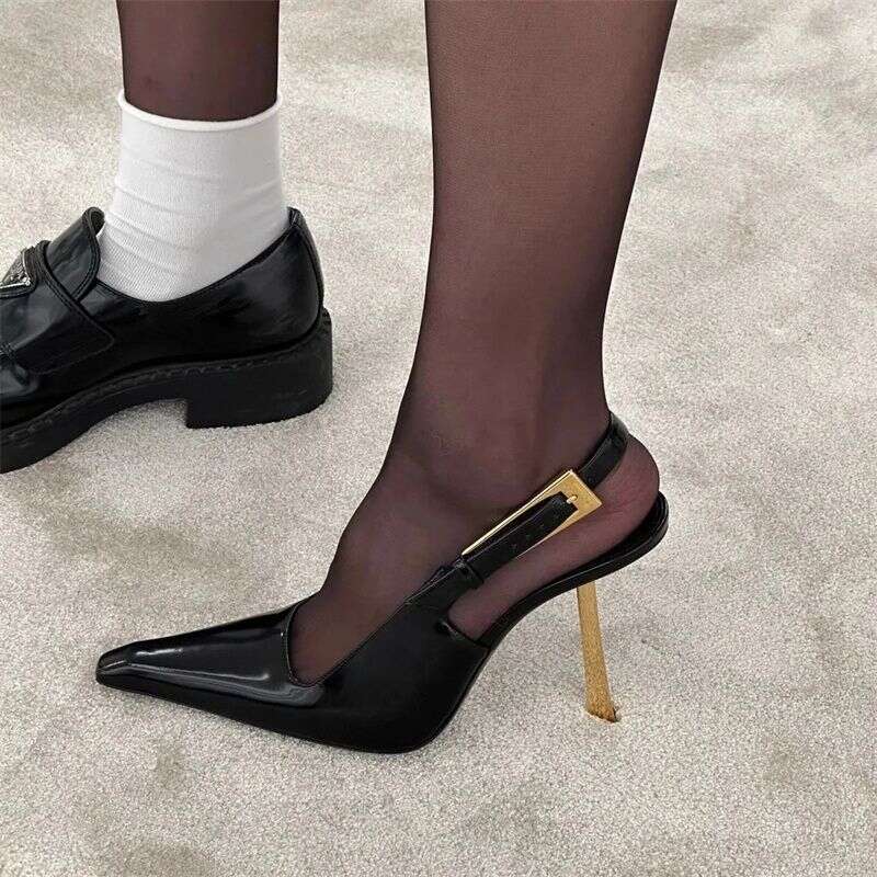 Same Style Rose Black Sandals 2025 Designer Shoes Spring Summer New Metal Buckle Pointed Toe Stiletto High Heels for Women